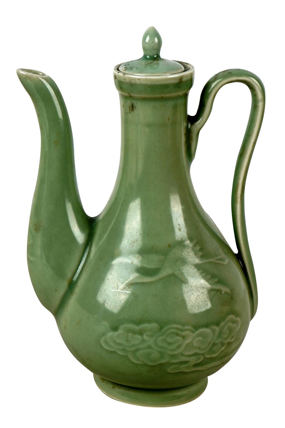 Appraisal: CHINESE CELADON-GLAZED PORCELAIN EWERunmarked with a molded crane and cloud