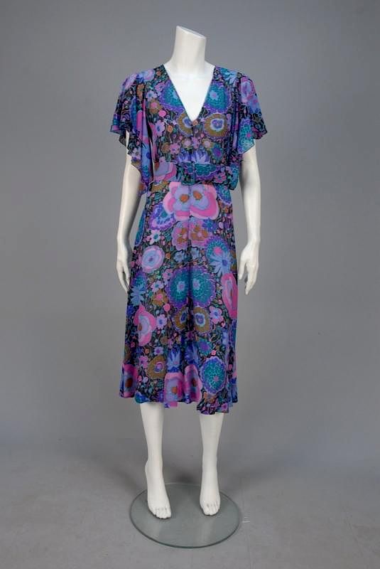 Appraisal: DIOR FLORAL PRINTED SILK DAY DRESS Sheer crepe with polychrome