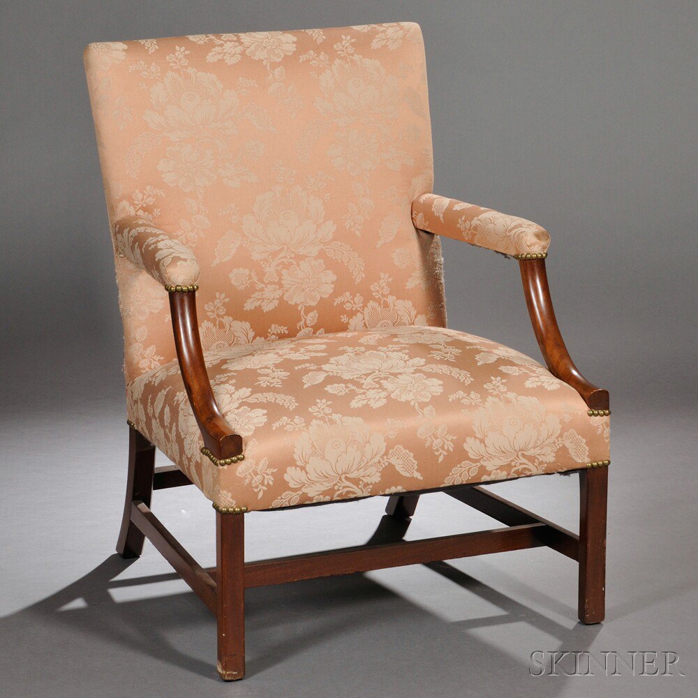 Appraisal: Georgian-style Damask-upholstered Mahogany Gainsborough Chair th century of typical form