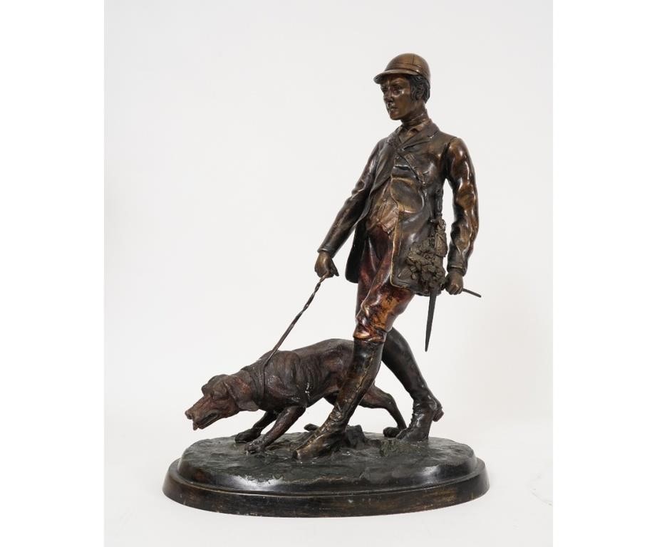 Appraisal: Large French bronze hunter and blood hound sculpture th c