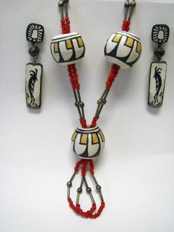 Appraisal: Native American Coral and Seed Pot Necklace and pair of