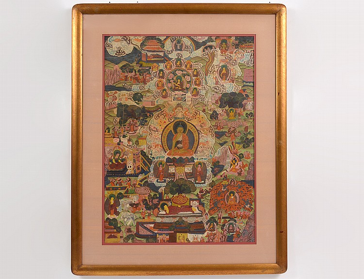 Appraisal: TIBETAN PAINTED THANGKA th th Century A central image of