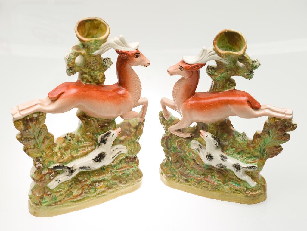 Appraisal: PAIR OF STAFFORDSHIRE STAG AND HOUND FLATBACK GROUPS th CENTURY