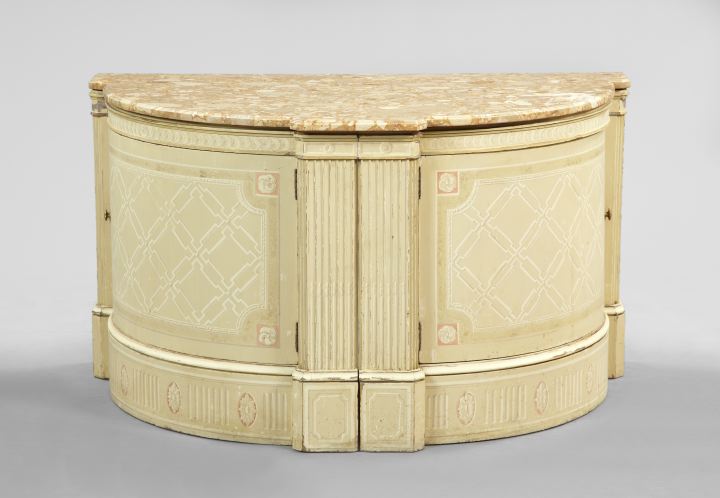 Appraisal: Continental Polychromed and Marble-Top Cabinet th century the demi-lune variegated