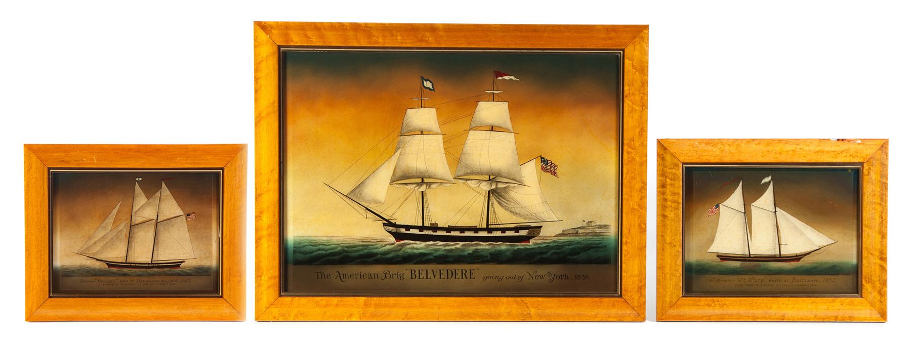 Appraisal: THREE PRINTS OF SHIPS Handcolored prints of sailing ships in