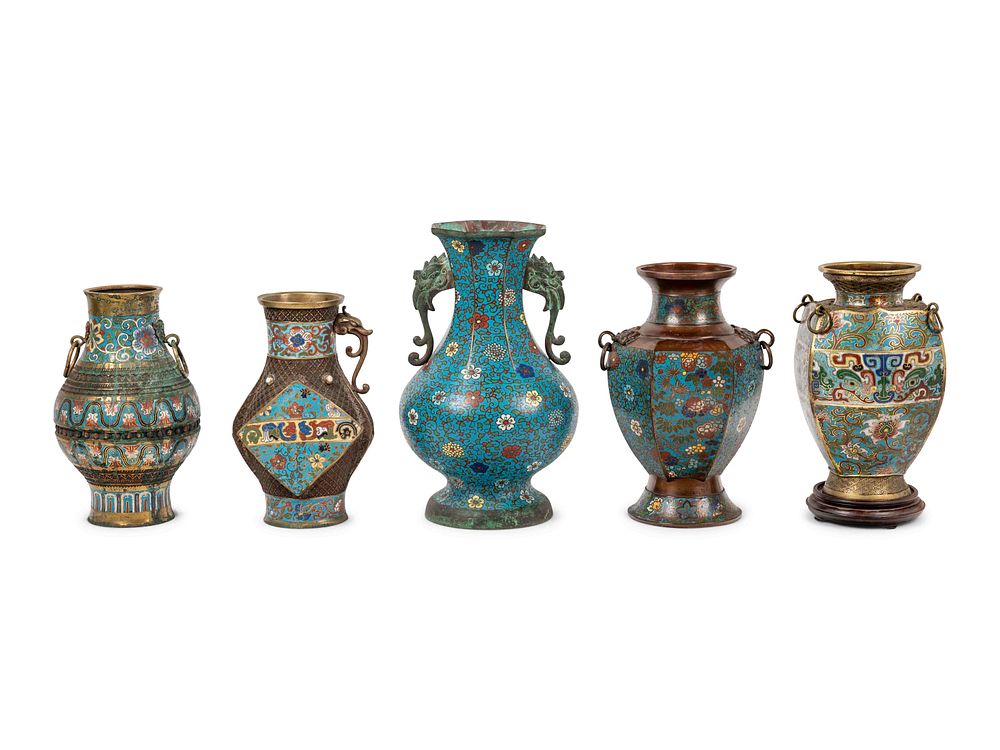 Appraisal: Five Japanese Archaistic Blue Ground Cloisonne Enameled Vases Five Japanese