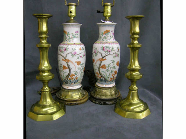 Appraisal: Pair of vintage oriental porcelain dresser lamps with bird and