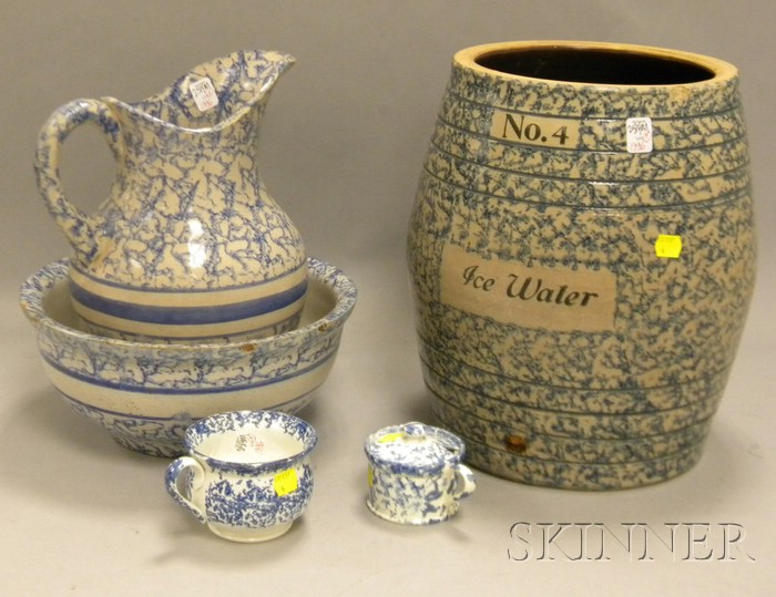 Appraisal: Five Pieces of Blue and White Sponge-decorated Stoneware and Ceramics