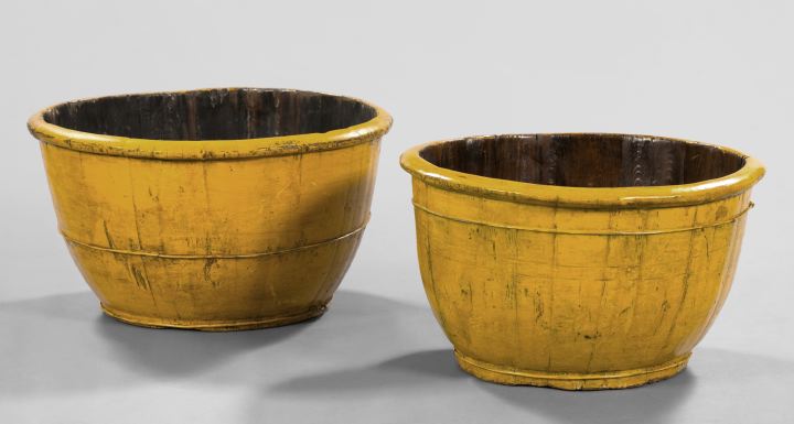 Appraisal: Large Graduated Pair of Provincial Wire-Bound Staved and Yellow-Painted Wooden