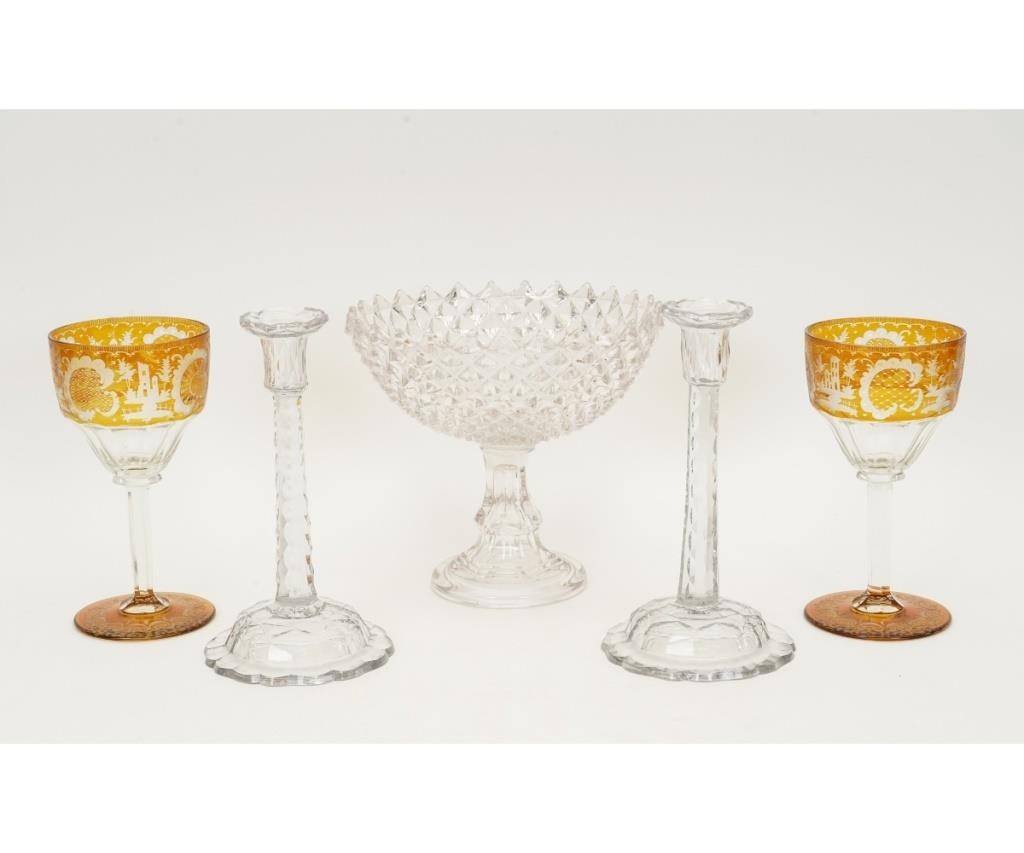 Appraisal: Two similar large amber Bohemia glass-etched goblets largest h x