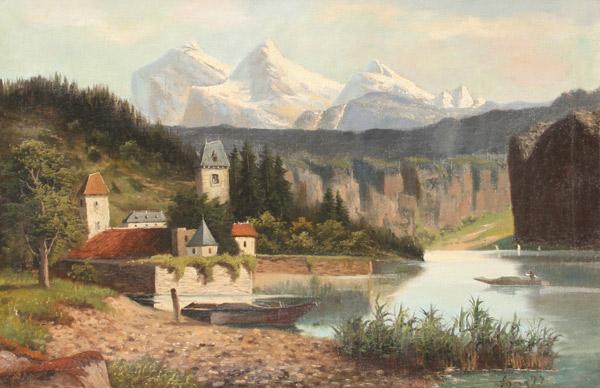 Appraisal: ALPINE LAKESIDE SCENE SIGNED LANZ OIL Canvas '' x ''