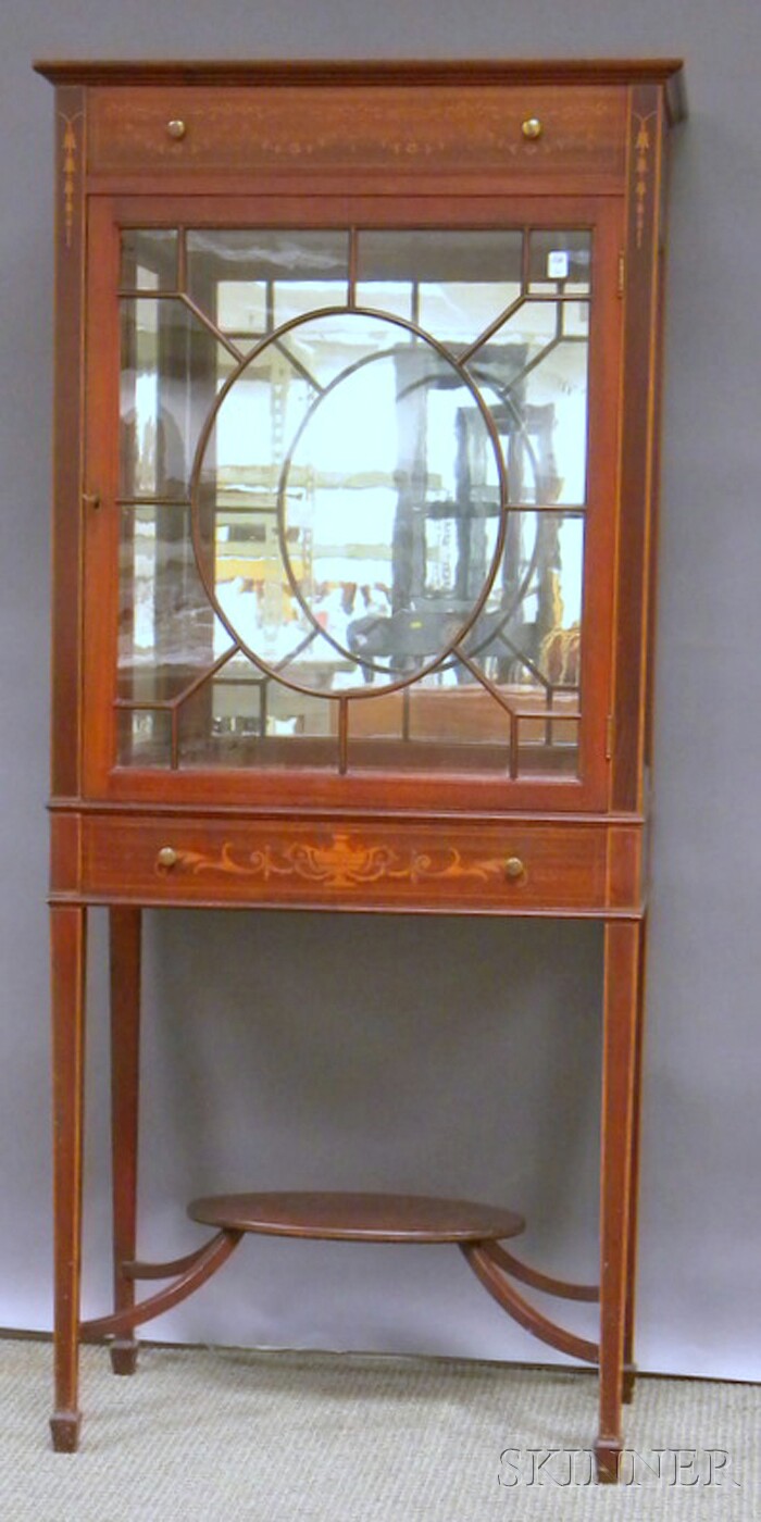 Appraisal: Edwardian Glazed Inlaid Mahogany Display Cabinet top drawer over cabinet