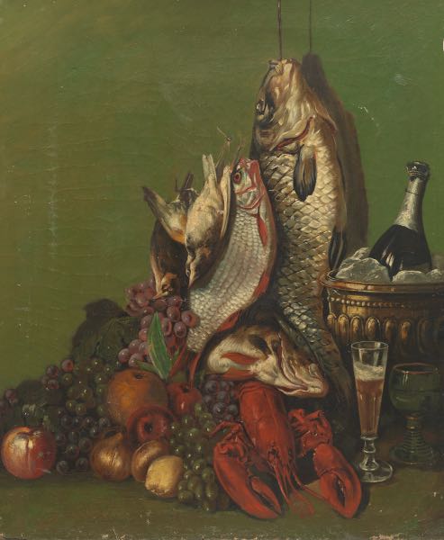 Appraisal: JOHN HAUSER AMERICAN - x FIsh and lobster still life