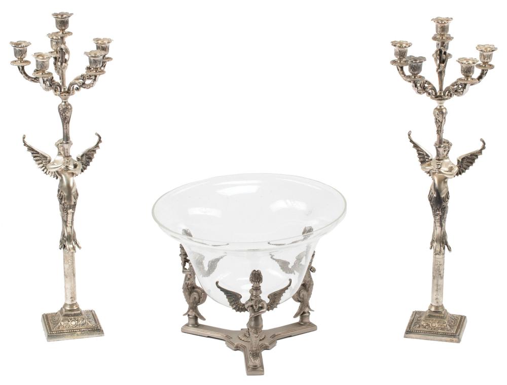 Appraisal: Empire-Style Silvered Bronze Three-Piece Garniture with centerbowl and pair of