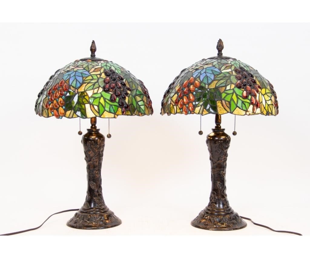 Appraisal: Pair of Tiffany style art glass shaded grape pattern faux