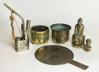 Appraisal: Brass and Metal Asian Asst Items Opium Pipe Bowls Desk