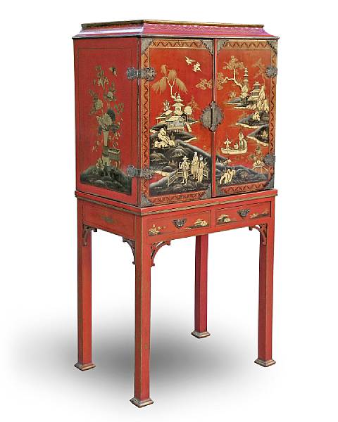 Appraisal: A George III chinoiserie lacquered cabinet on later stand The