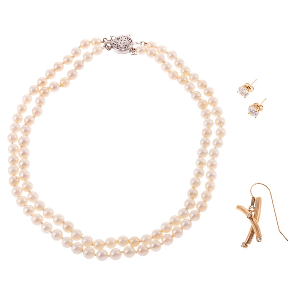 Appraisal: A Double Strand of Pearls Earrings Double-strand cultured pearl collar