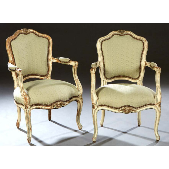 Appraisal: Pair of French Louis XV Style Polychromed Beech Fauteuils early