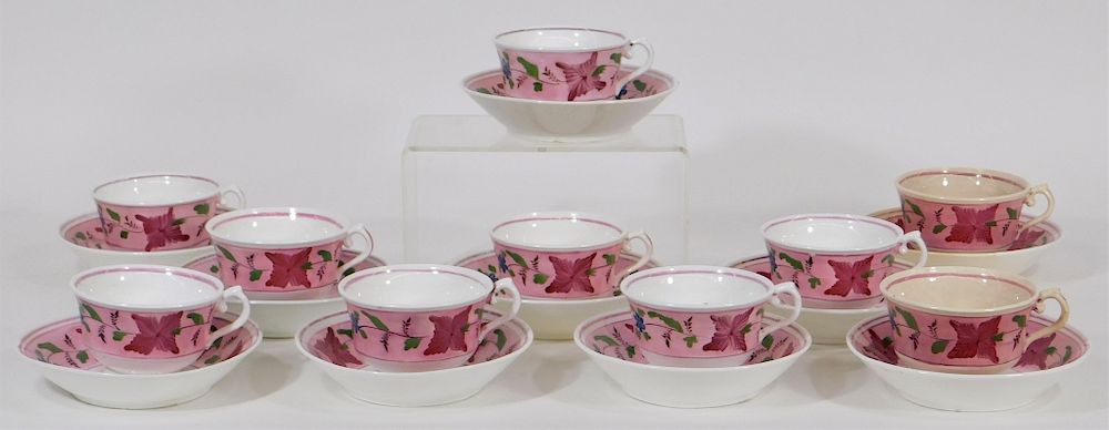 Appraisal: English Staffordshire Pink Lusterware Teacup Set England th Century Service