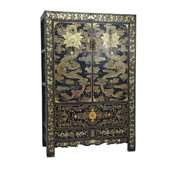 Appraisal: Large Black Lacquer Dragon Cabinet th Century Of rectangular form