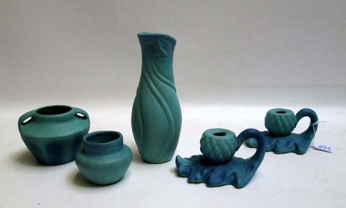 Appraisal: FIVE VAN BRIGGLE ART POTTERY PIECES in Ming Blue glaze