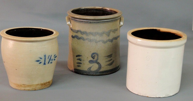 Appraisal: Three stoneware crocks- three-gallon h x dia two-gallon h x