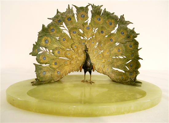 Appraisal: Franz Bergman Austrian - painted bronze peacock on green onyx