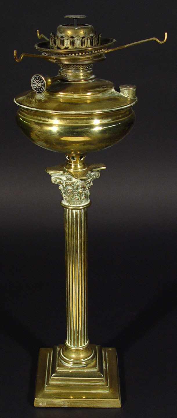 Appraisal: Large brass column oil lamp with brass reservoir and burner