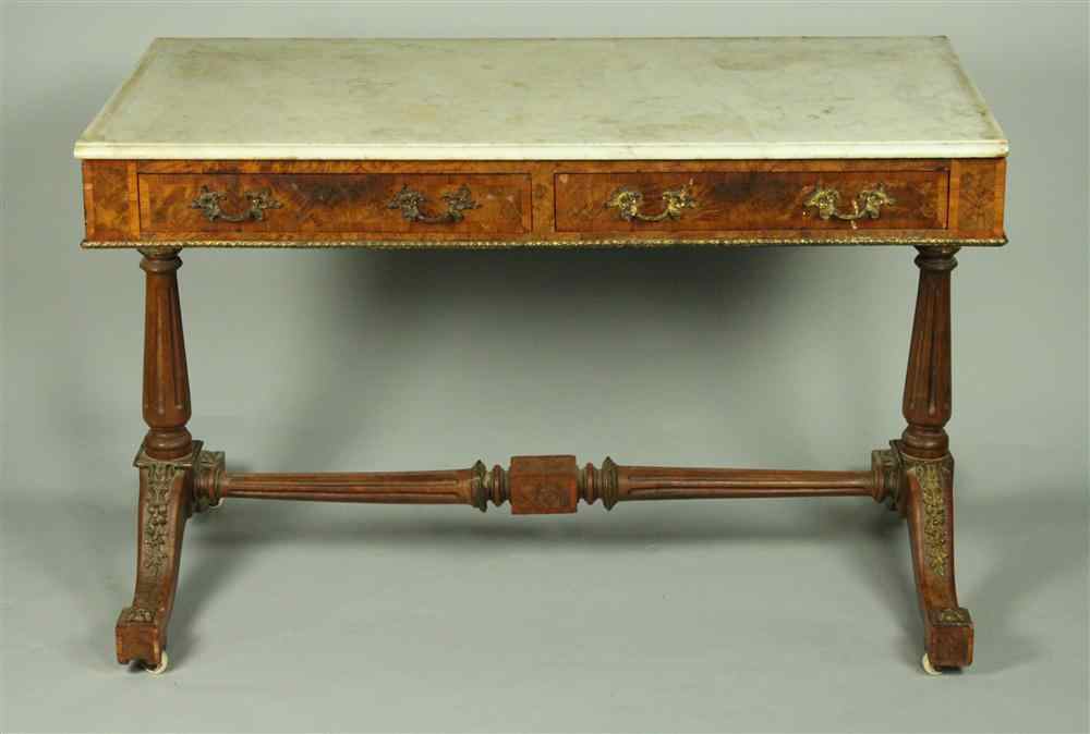 Appraisal: CLASSICAL STYLE MARBLE TOP MAHOGANY SOFA TABLE having a rectangular