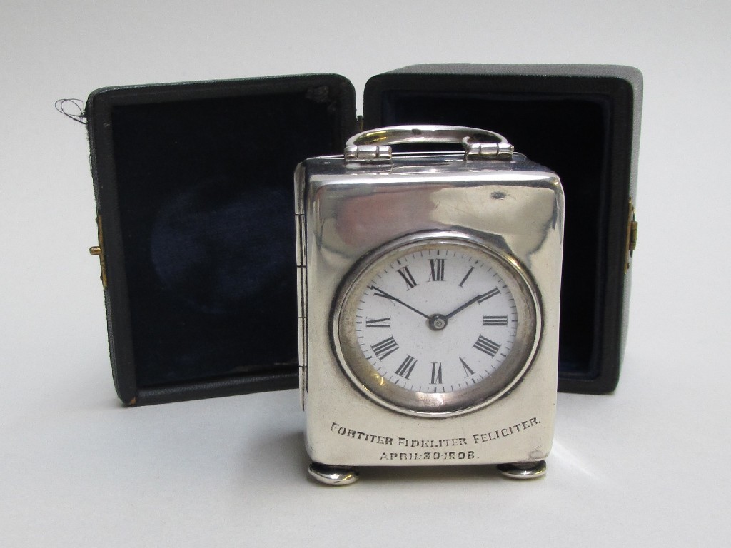 Appraisal: A miniature silver carriage clock inscribed Fortiter Fideliter Feliciter April