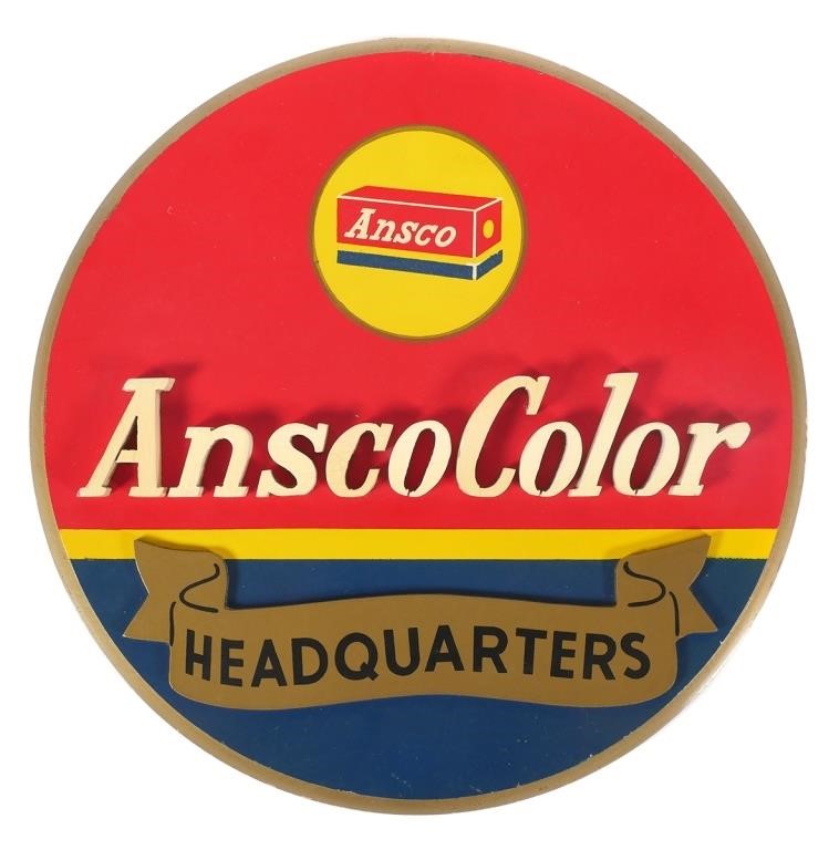 Appraisal: Vintage Ansco film sign with raised -D lettering Round Wood