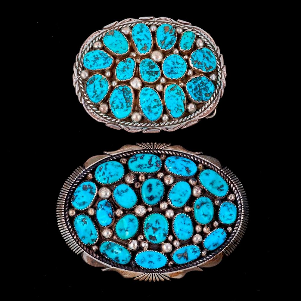 Appraisal: NAVAJO BELT BUCKLES Two Vintage old pawn turquoise and silver