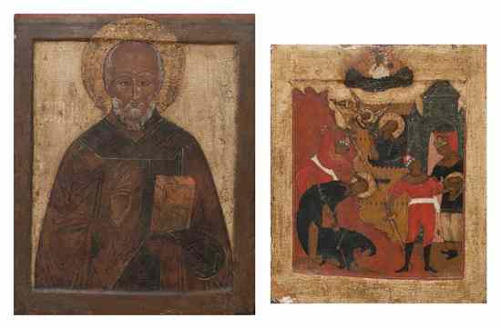 Appraisal: A Russian Wood Icon together with another depicting the crucifixion