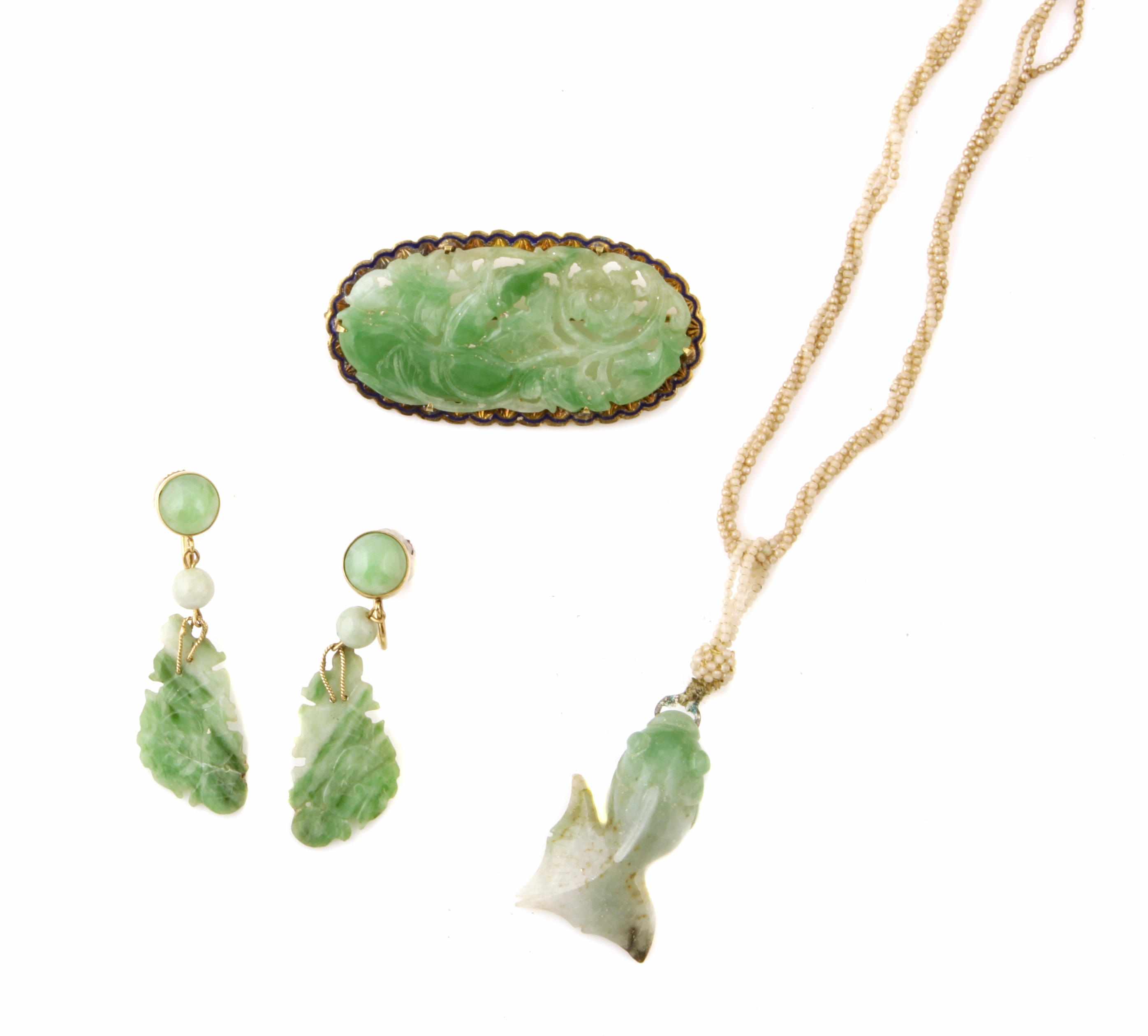 Appraisal: A collection of jade metal and gold jewelry comprising a