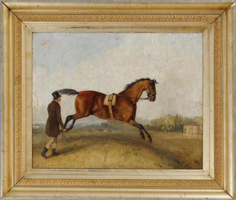 Appraisal: BRITISH SCHOOL TRAINING A HUNTER Oil on canvas relined unsigned