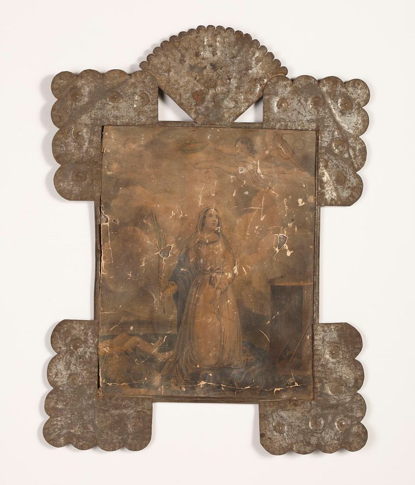 Appraisal: Two Tin Frames with Devotional Prints Attributed to Fan Lunette