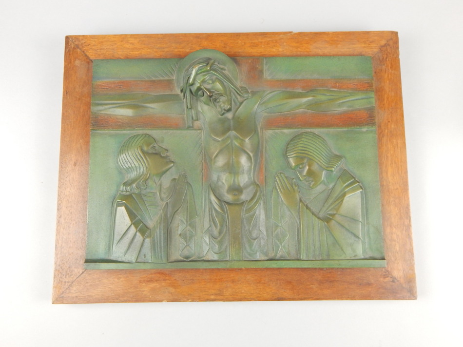 Appraisal: An Art Deco style bronze plaque depicting the crucifixion with