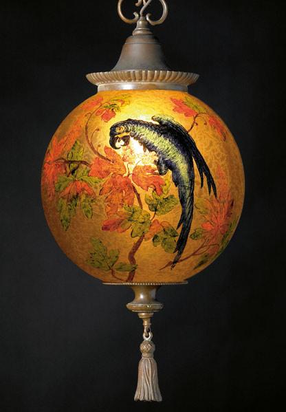 Appraisal: HANDEL Hanging lamp with chipped glass globe shade obverse-painted with