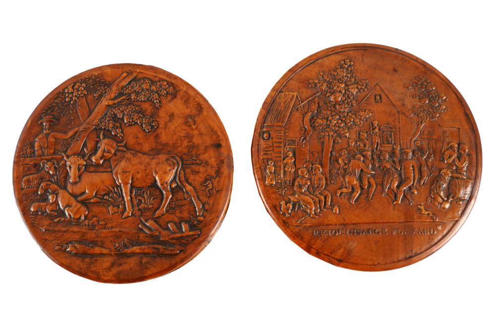 Appraisal: PAIR OF CONTINENTAL CARVED WOOD COVERED BOXESeach round one depicting