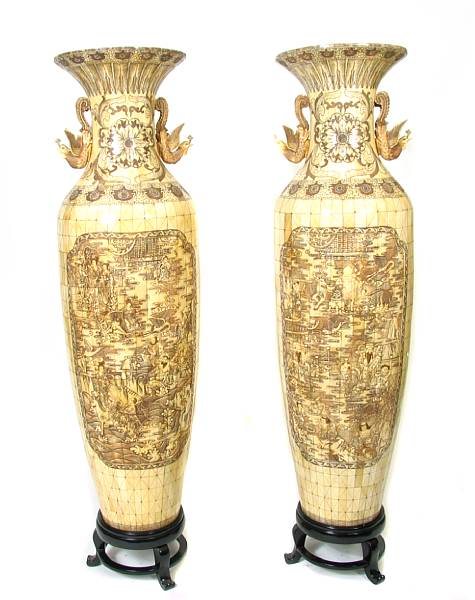 Appraisal: A pair of large Chinese carved bone veneer vases on