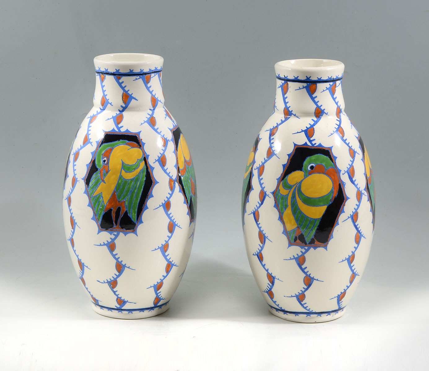 Appraisal: PC BOCH FRERES KERAMIS BIRD VASES Pair of Boch Freres