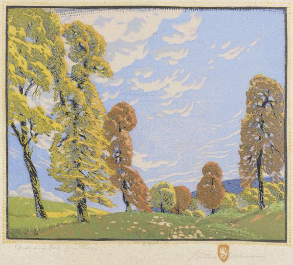 Appraisal: GUSTAVE BAUMANNColor woodblock print on oatmeal paper Indiana Red Gum