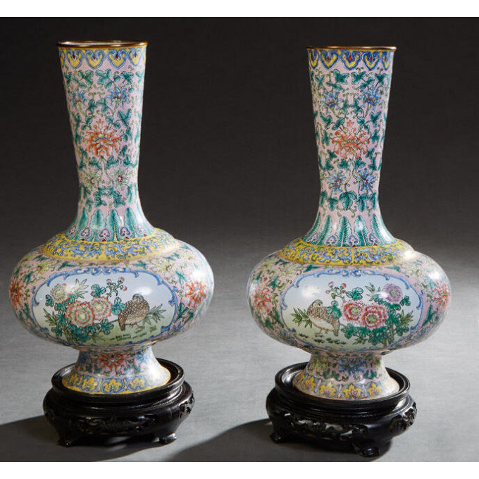 Appraisal: Pair of Chinese Enameled Copper Baluster Vases th c the