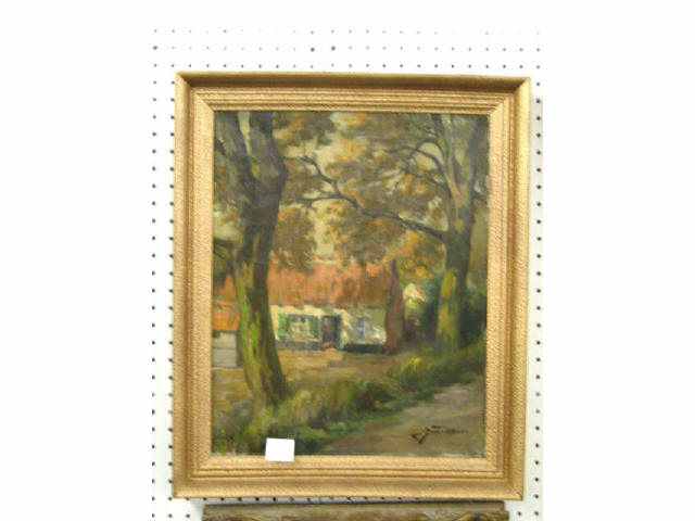 Appraisal: Oil Painting of a House in the Woods signed illegible