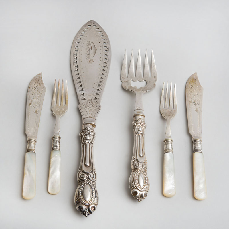 Appraisal: SET OF TWELVE ENGLISH MOTHER-OF-PEARL HANDLED FISH KNIVES AND FORKS