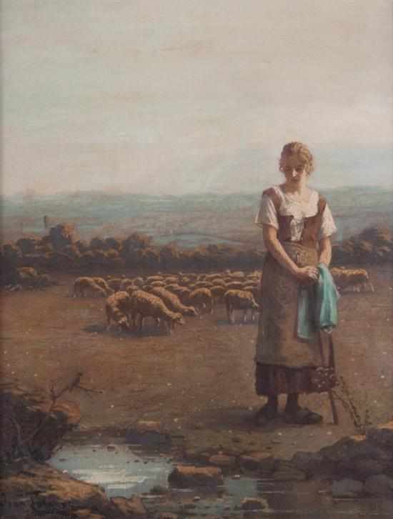 Appraisal: Jean Laronze French - Shepherd Girl with Flock at Stream