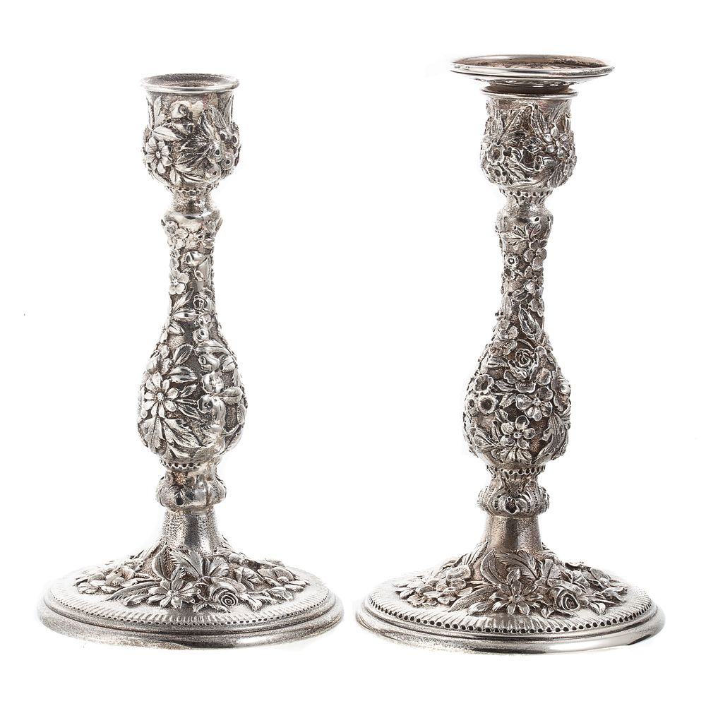 Appraisal: Pair Sterling Floral Repousse Candlesticks weighted one without bobeche in