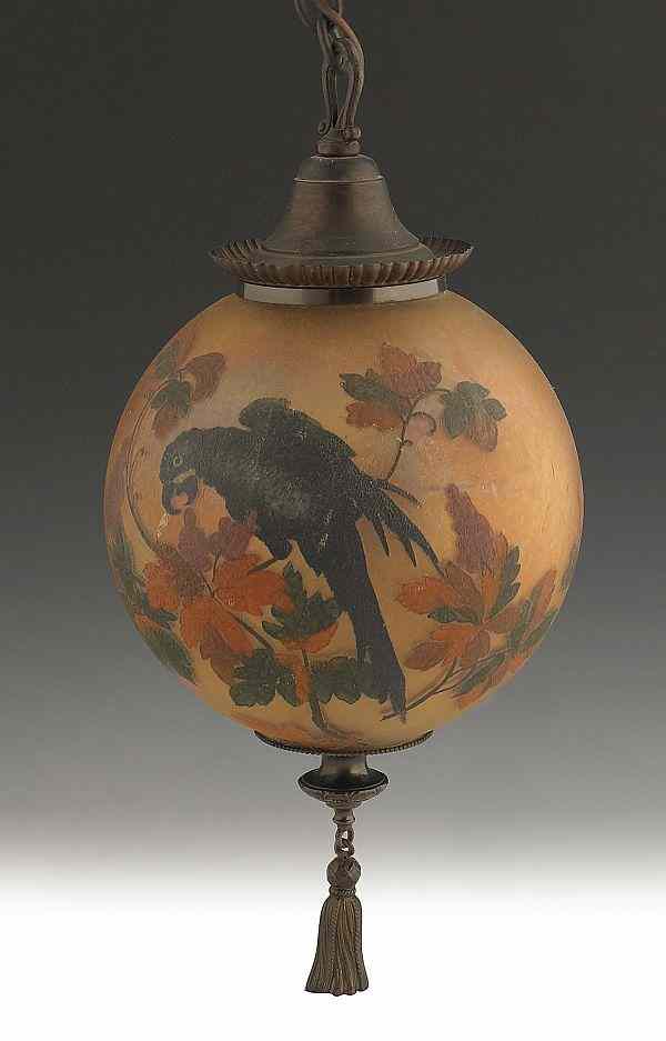 Appraisal: Handel hanging hall lamp with an obverse painted shade decorated