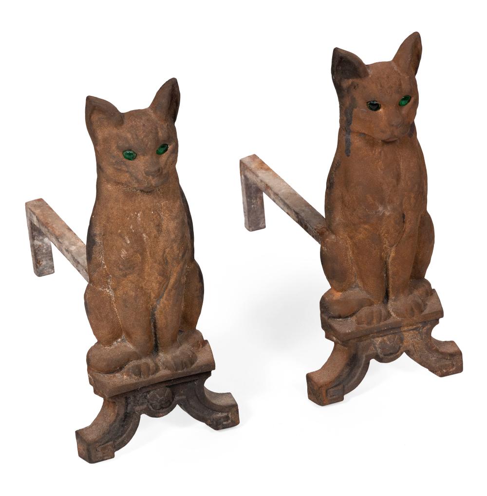 Appraisal: PAIR OF CAST IRON CAT-FORM ANDIRONS TH CENTURY HEIGHTS DEPTHS